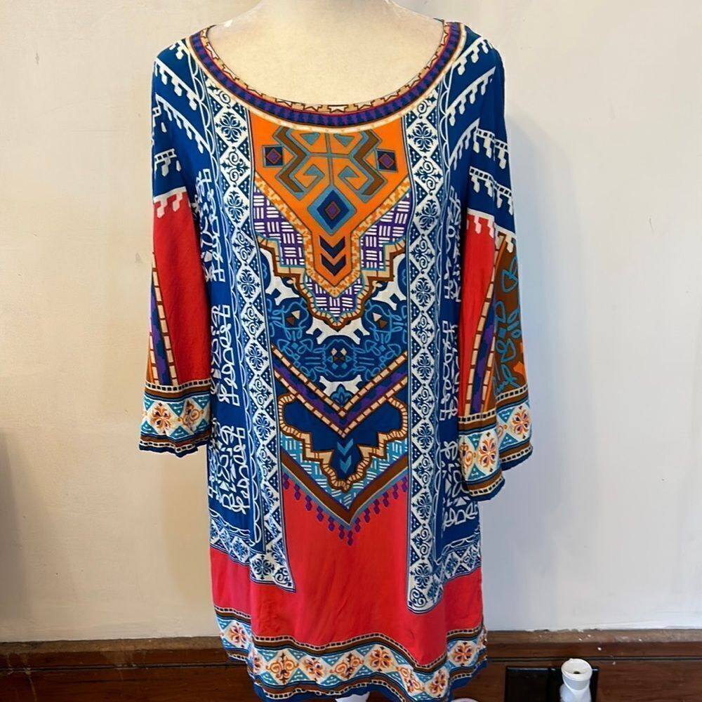 Flying Tomato colorful patterned bell sleeve mini dress Size M EUC